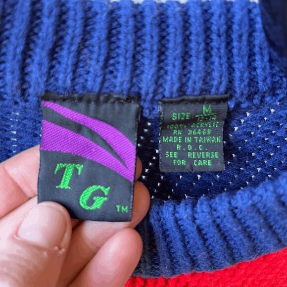 Vintage 80s TG KIDS Retro Sporty Knit Sweater Jersey Style w/ Number 9, Stars, M - Picture 2 of 4